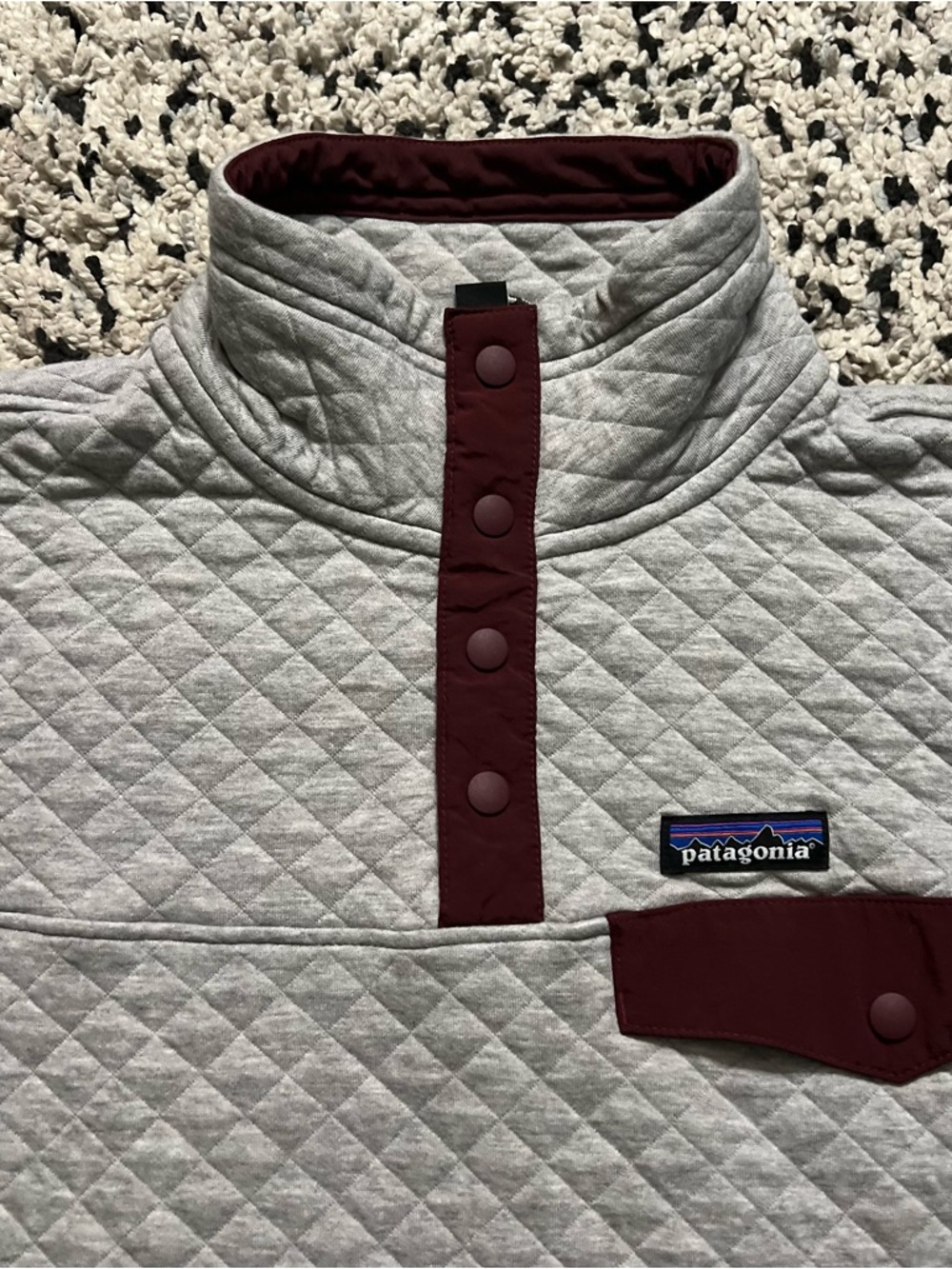 Patagonia Organic Cotton Quilt Snap-T Pullover Sweater Grey Burgundy Women’s XS - Picture 5 of 16